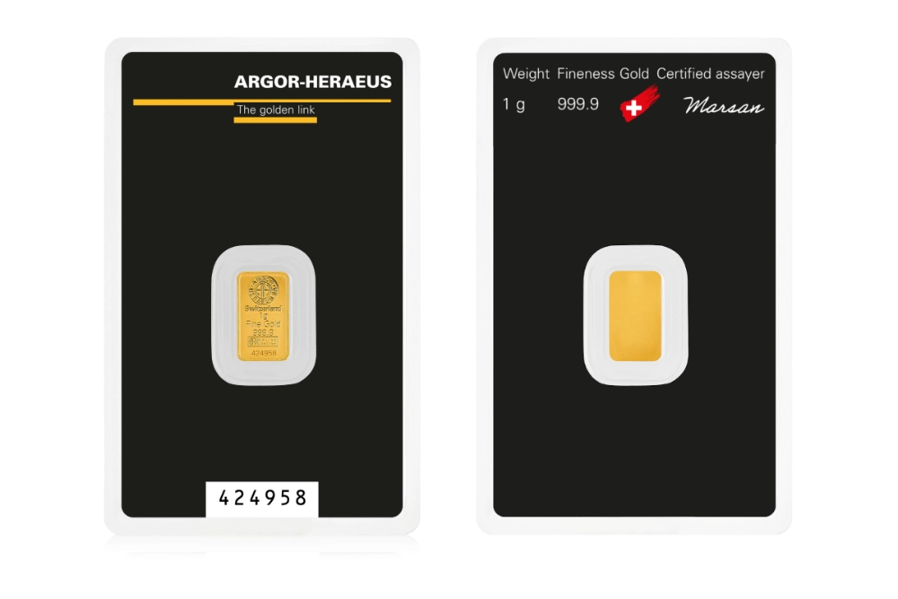 Lingot d'or 1 g — fonderie Argor-Heraeus