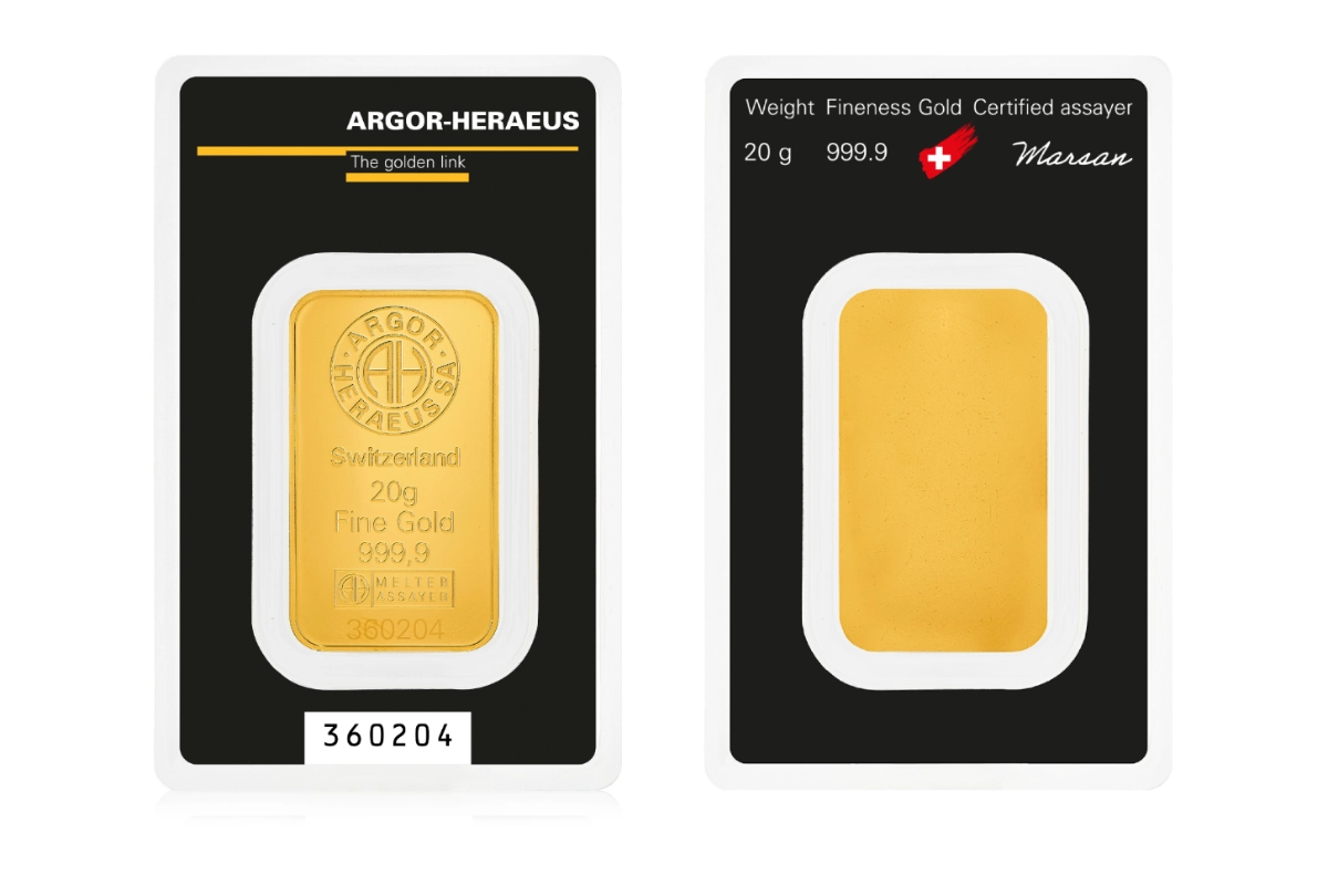 Lingot d'or 20 g — fonderie Argor-Heraeus