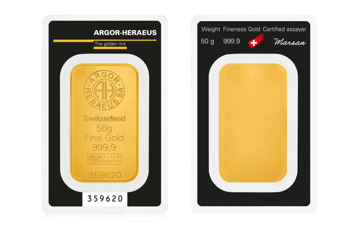 Lingot d'or 50 g — fonderie Argor-Heraeus